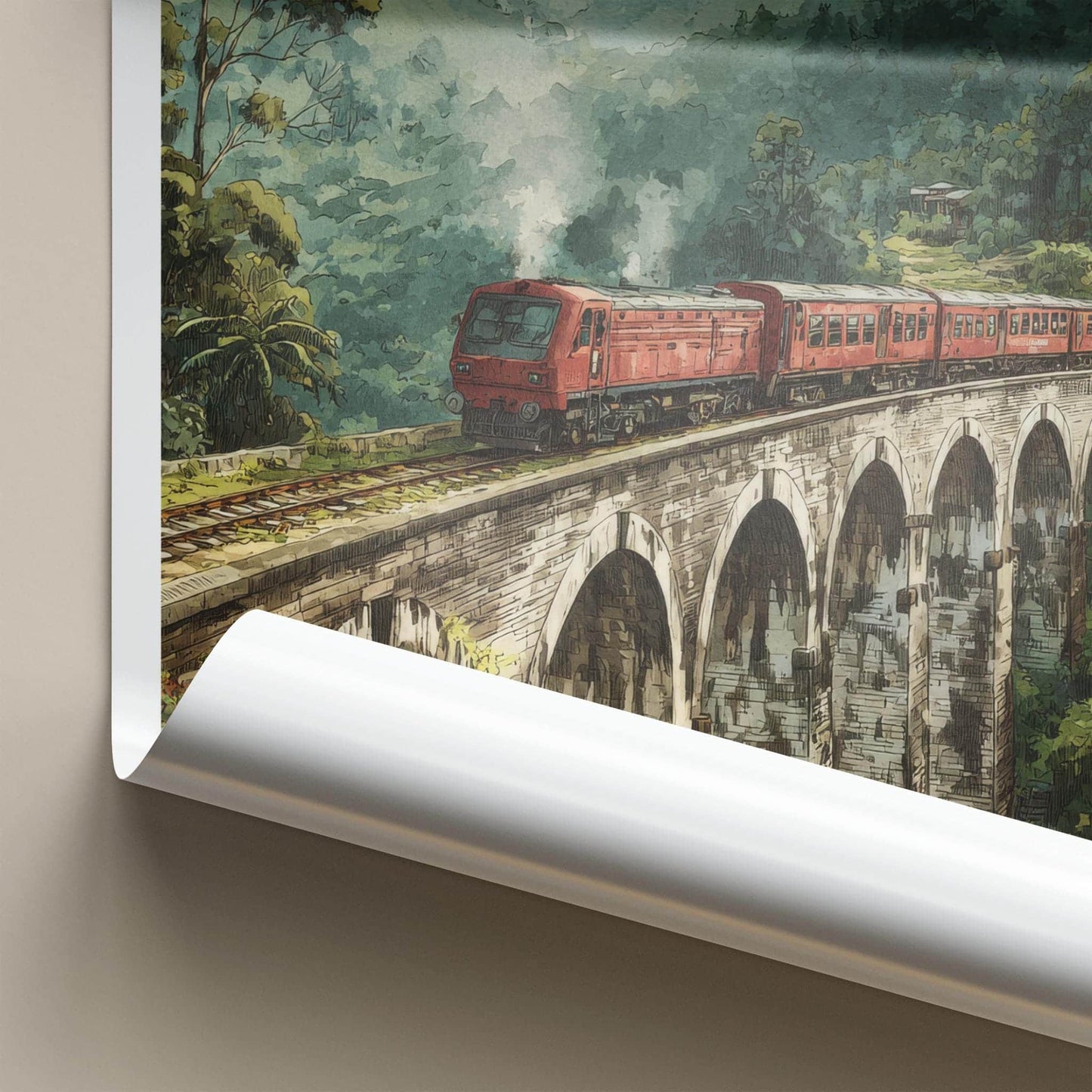 Nine Arches Poster - Sri Lanka Travel Art - Red Train Bridge Wall Decor