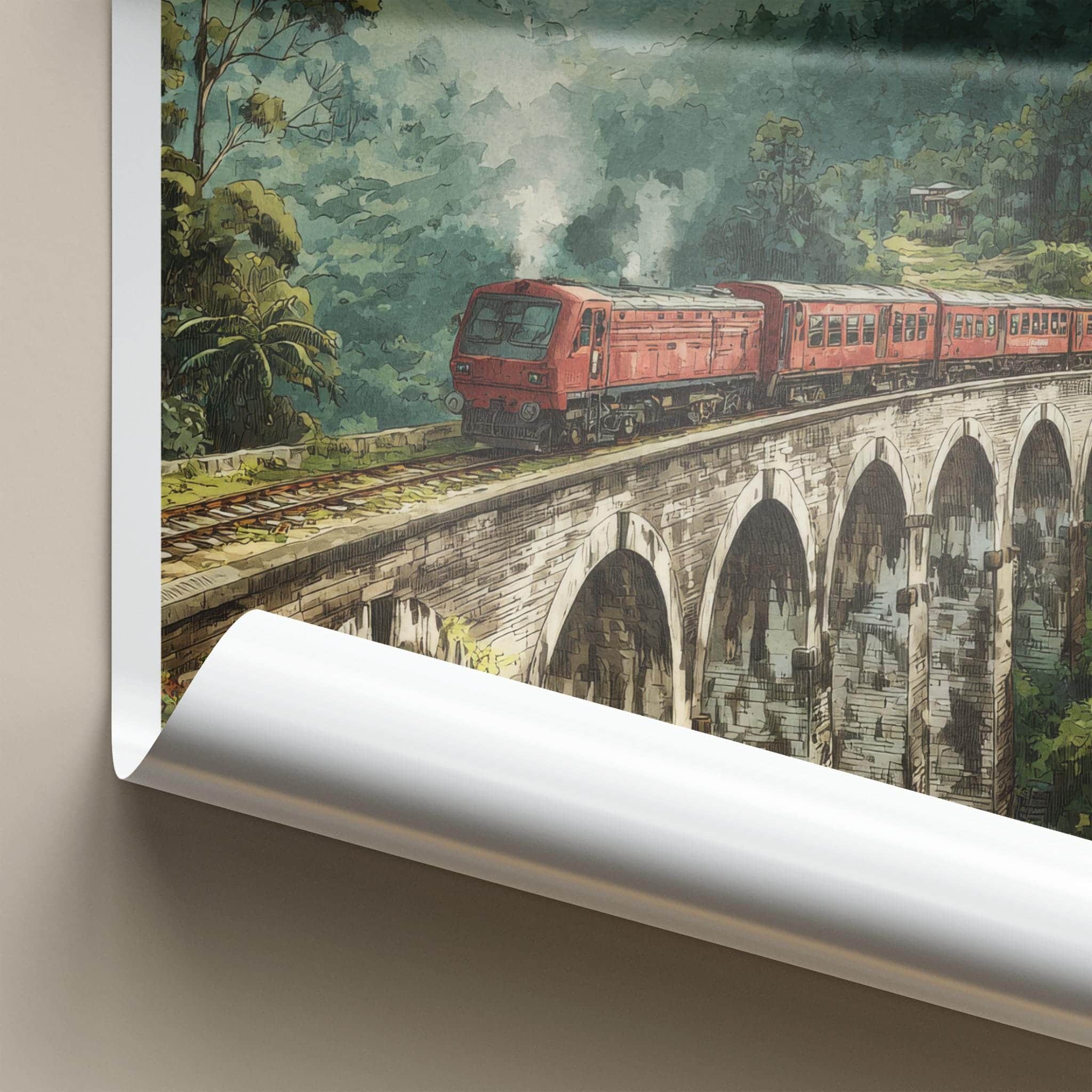 Nine Arches Poster - Sri Lanka Travel Art - Red Train Bridge Wall Decor