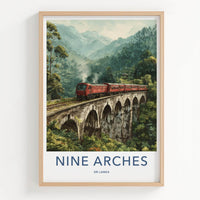 Nine Arches Poster - Sri Lanka Travel Art - Red Train Bridge Wall Decor