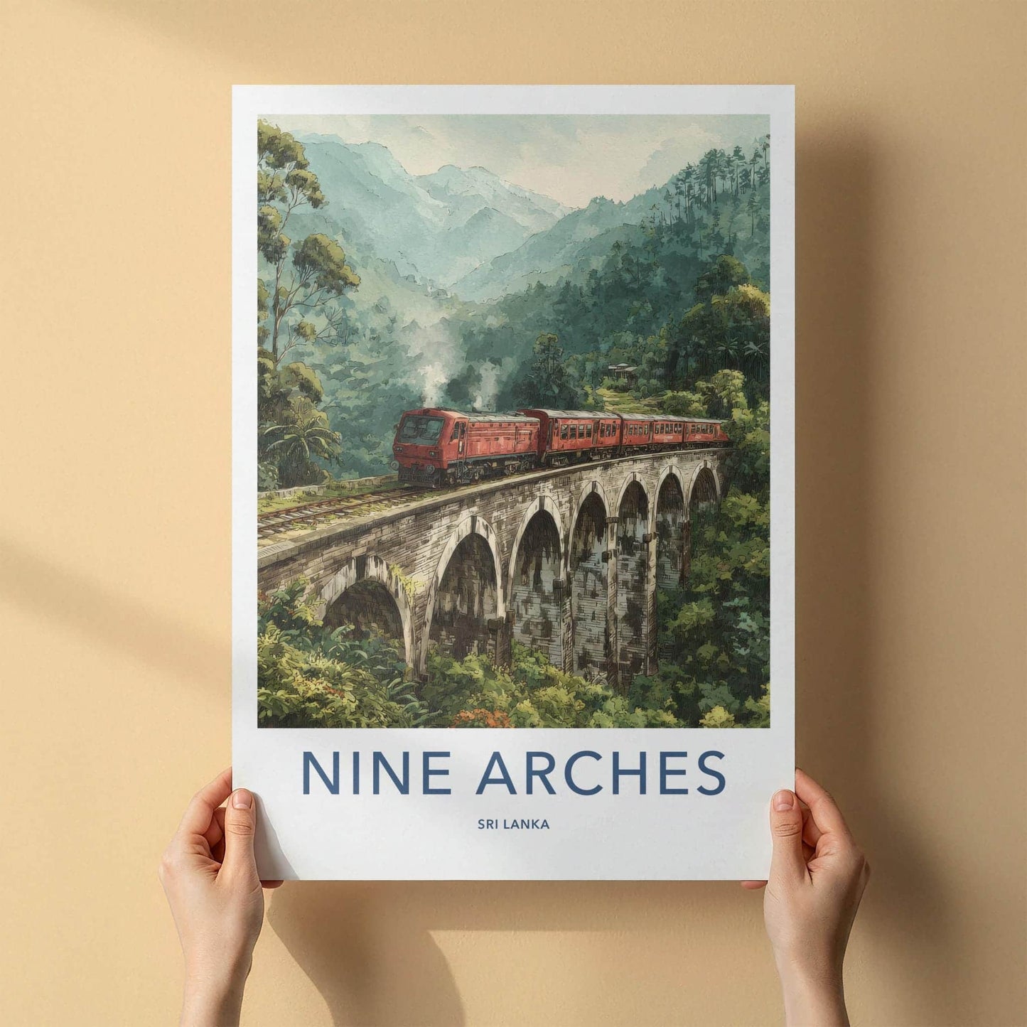 Nine Arches Poster - Sri Lanka Travel Art - Red Train Bridge Wall Decor