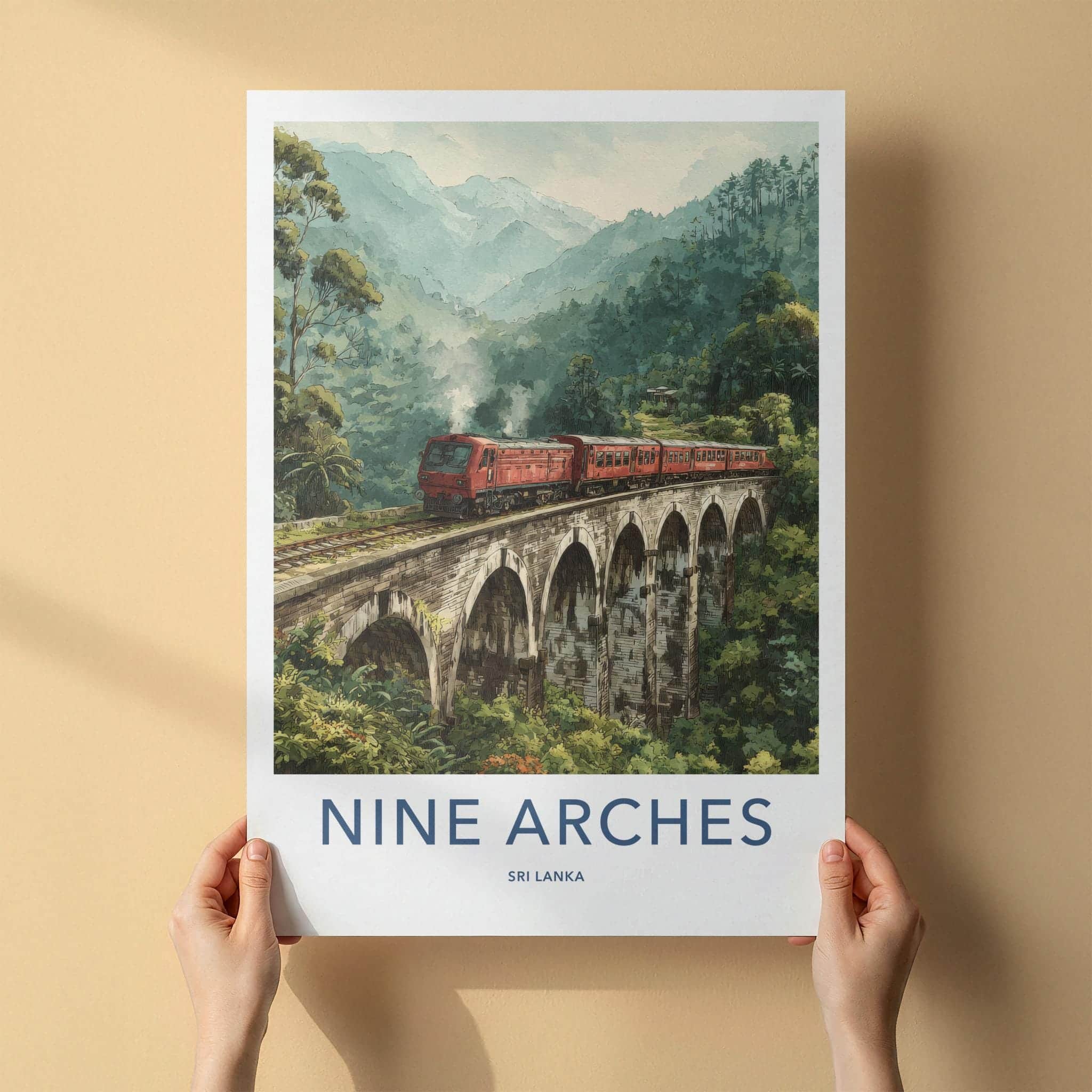 Nine Arches Poster - Sri Lanka Travel Art - Red Train Bridge Wall Decor