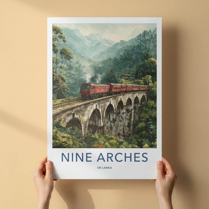 Nine Arches Poster - Sri Lanka Travel Art - Red Train Bridge Wall Decor