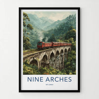 Nine Arches Poster - Sri Lanka Travel Art - Red Train Bridge Wall Decor