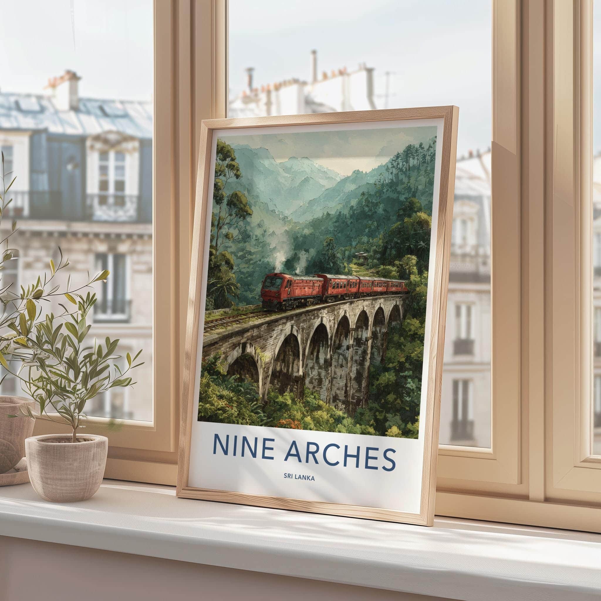 Nine Arches Poster - Sri Lanka Travel Art - Red Train Bridge Wall Decor