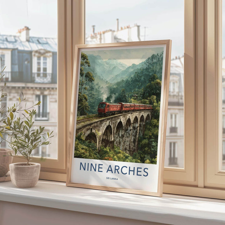 Nine Arches Poster - Sri Lanka Travel Art - Red Train Bridge Wall Decor