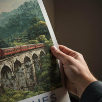 Nine Arches Poster - Sri Lanka Travel Art - Red Train Bridge Wall Decor