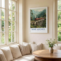 Nine Arches Poster - Sri Lanka Travel Art - Red Train Bridge Wall Decor
