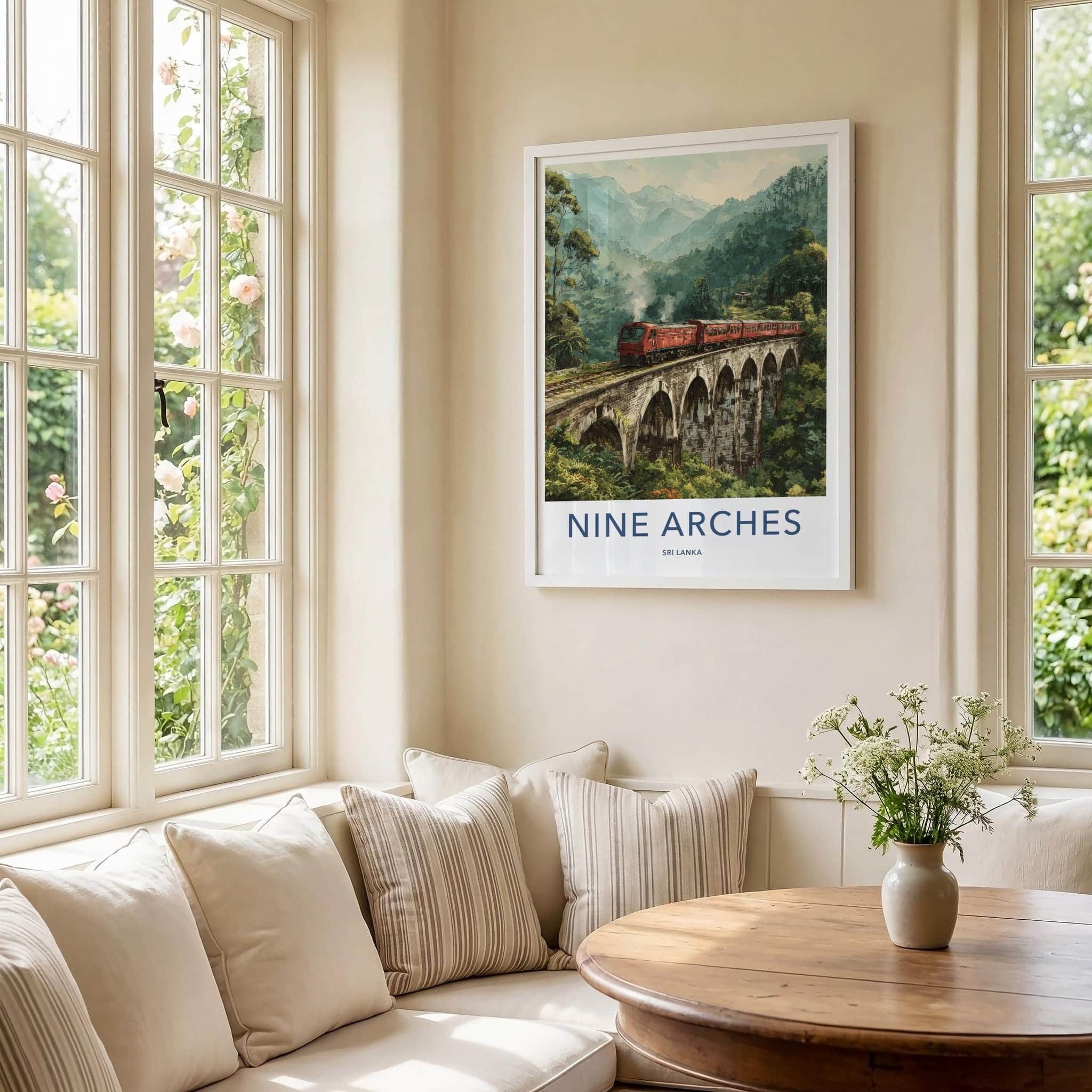 Nine Arches Poster - Sri Lanka Travel Art - Red Train Bridge Wall Decor