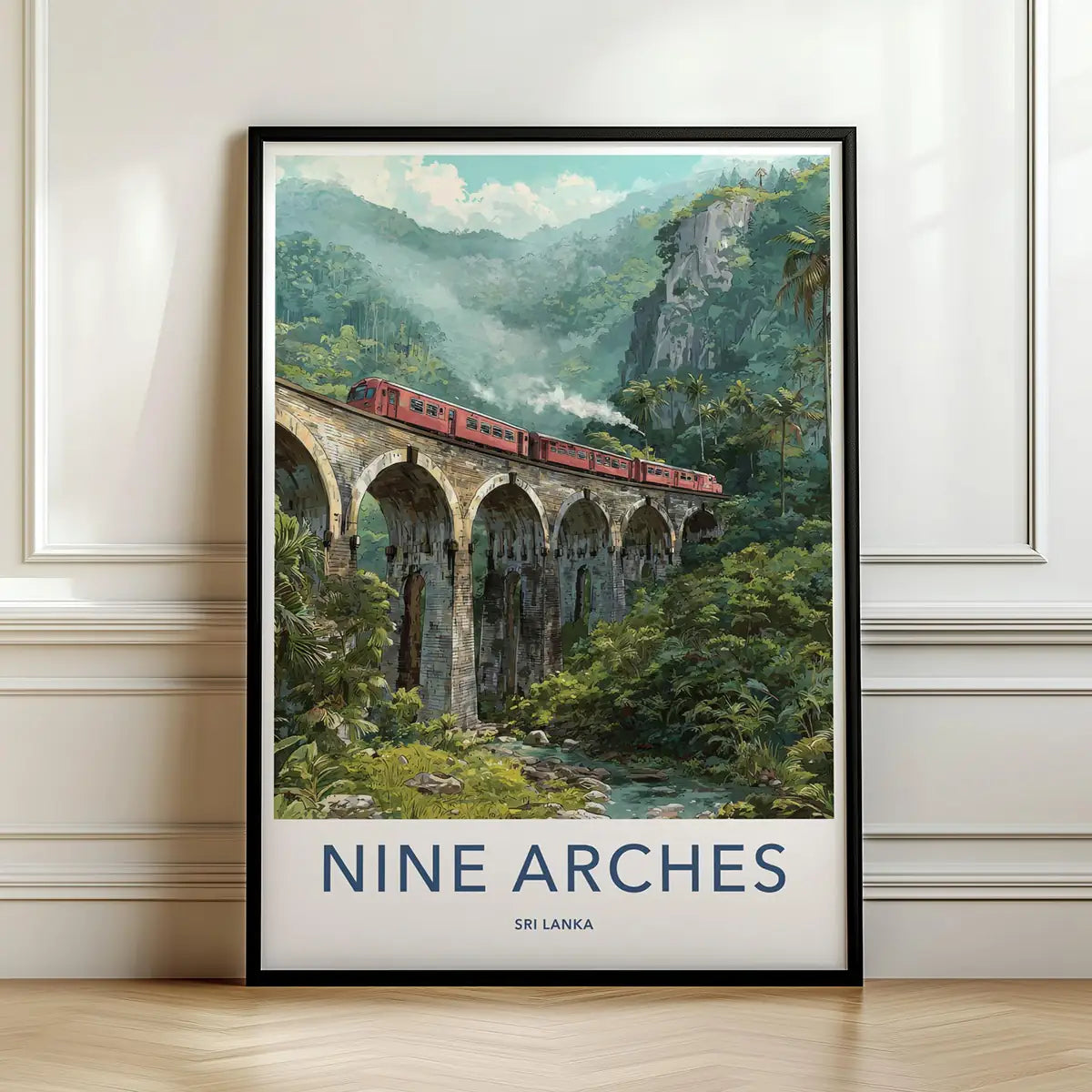 Framed poster of a red train on Nine Arches bridge in Sri Lanka.