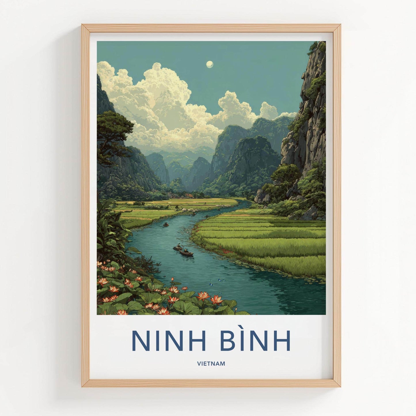 Ninh Binh Poster - Vietnam Framed Art - Karst River Lotus Framed Decor