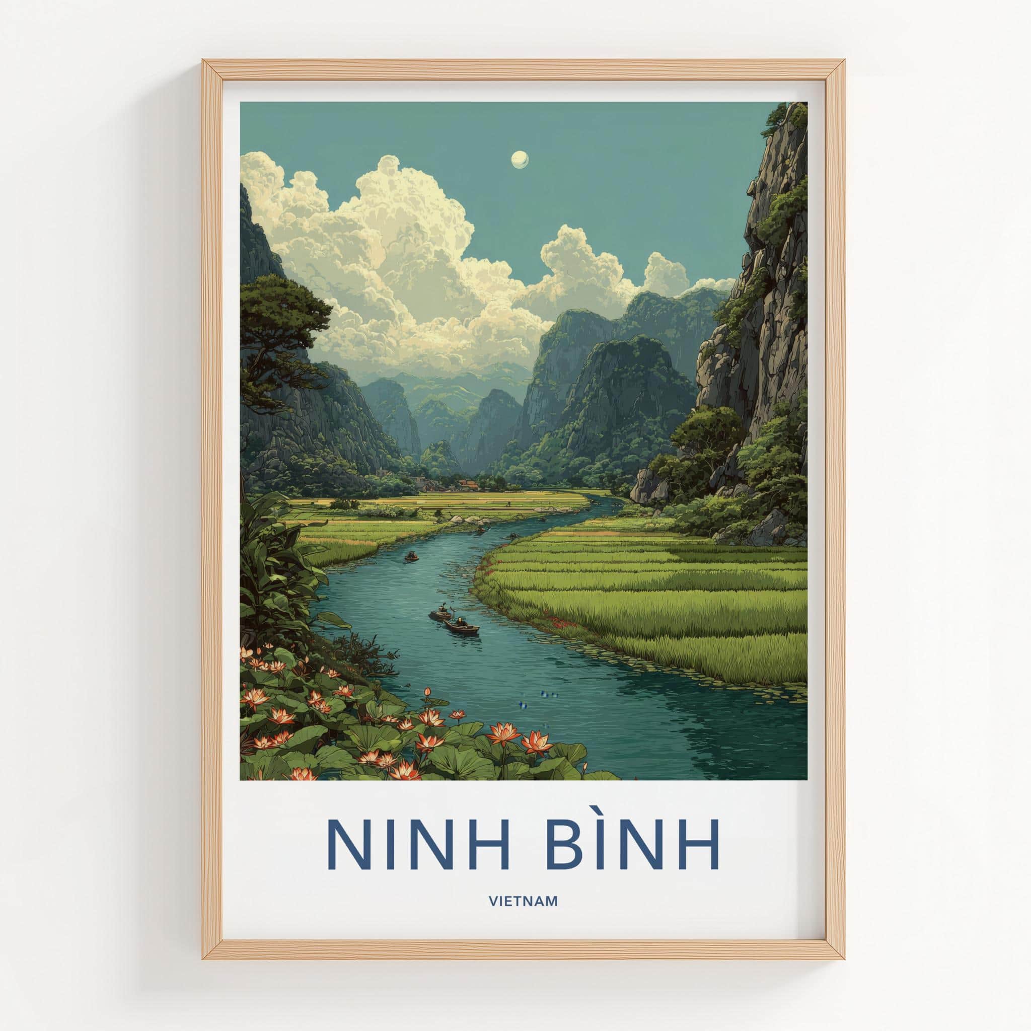 Ninh Binh Poster - Vietnam Framed Art - Karst River Lotus Framed Decor