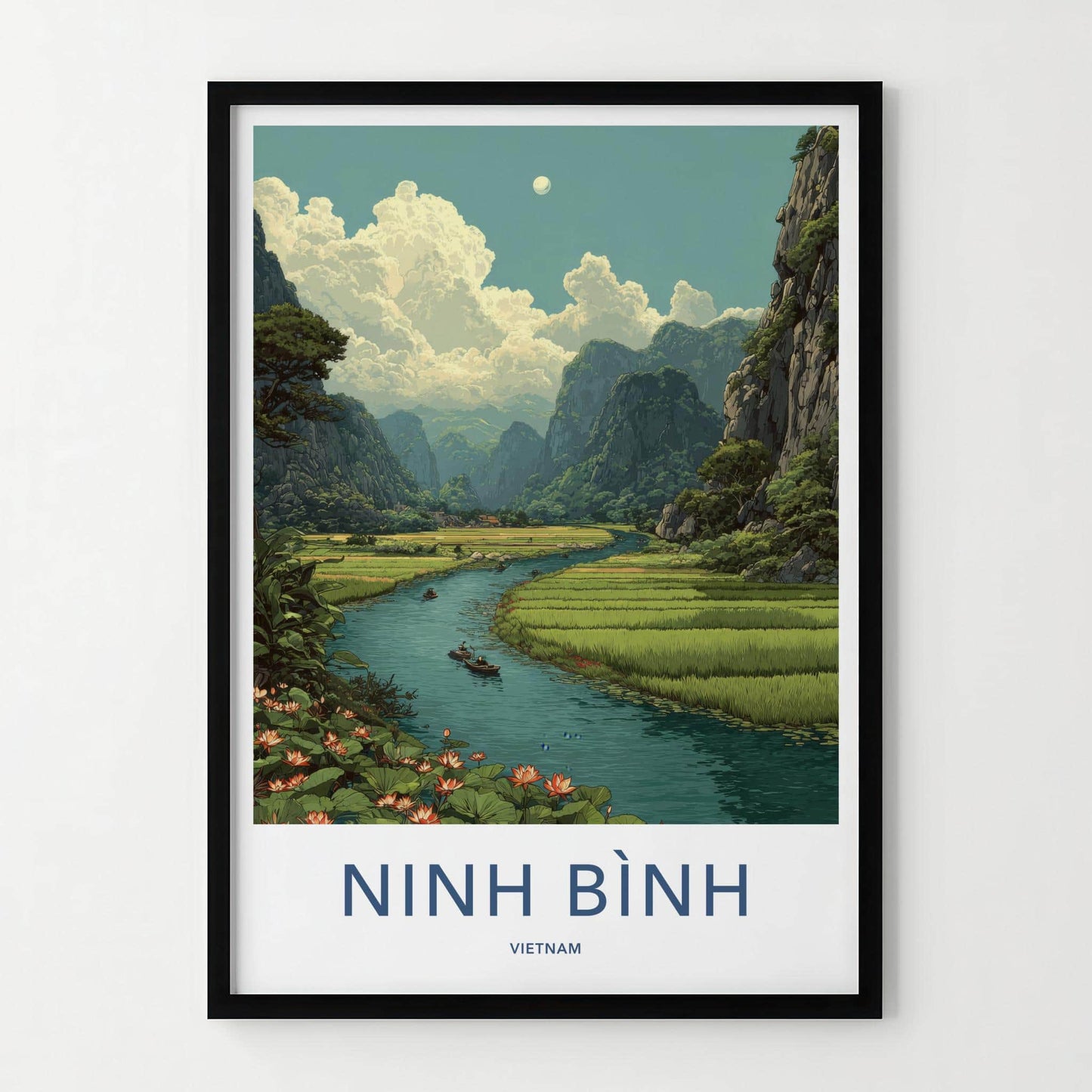 Ninh Binh Poster - Vietnam Framed Art - Karst River Lotus Framed Decor