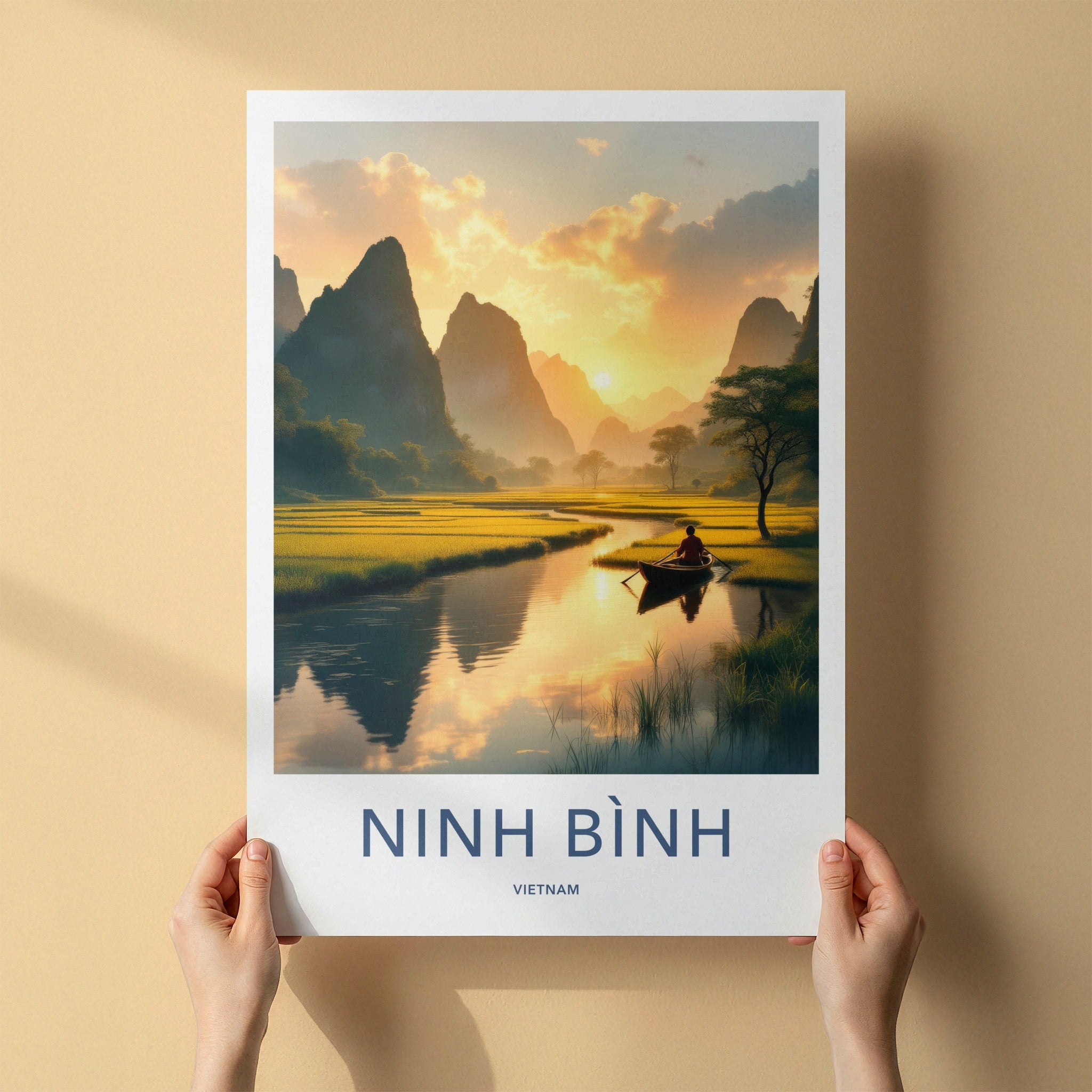 Ninh Binh Poster - Vietnam Travel Art - Golden River Sunset Home Decor