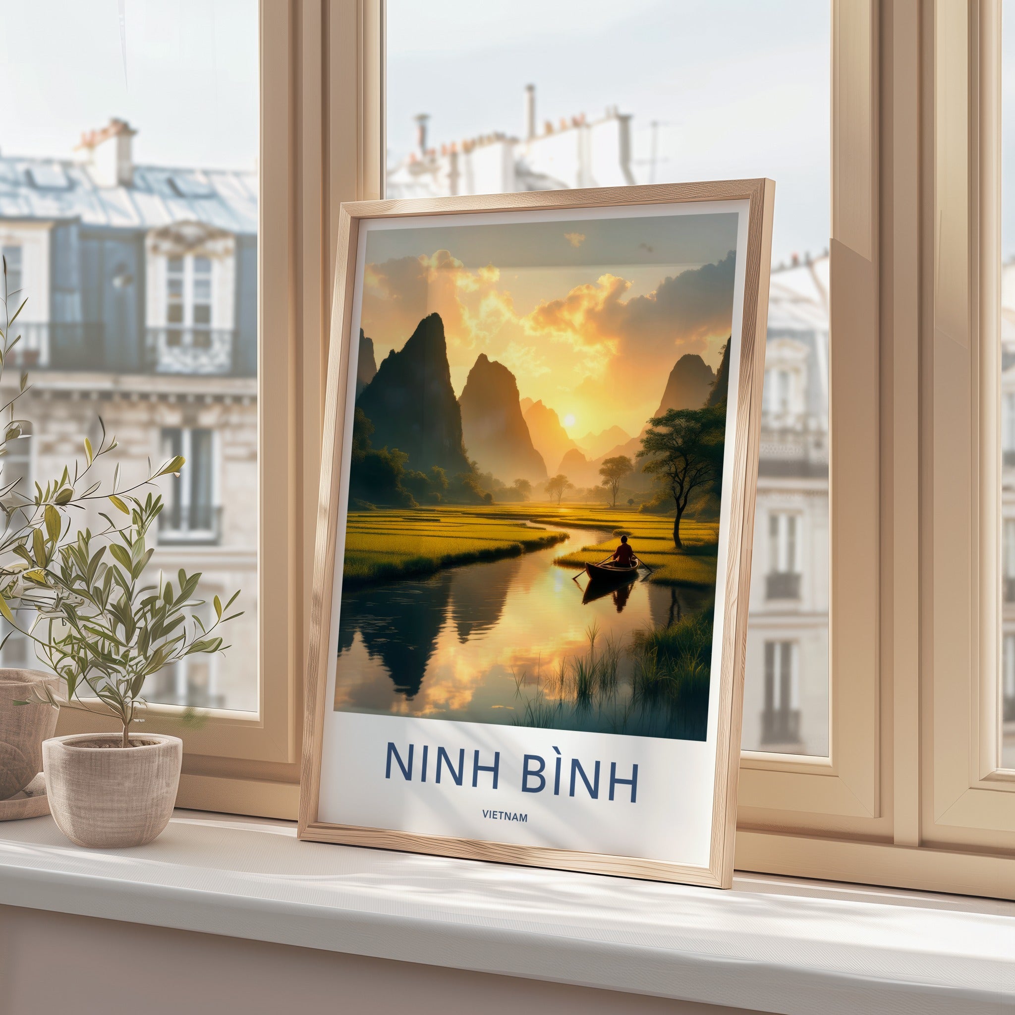 Ninh Binh Poster - Vietnam Travel Art - Golden River Sunset Home Decor