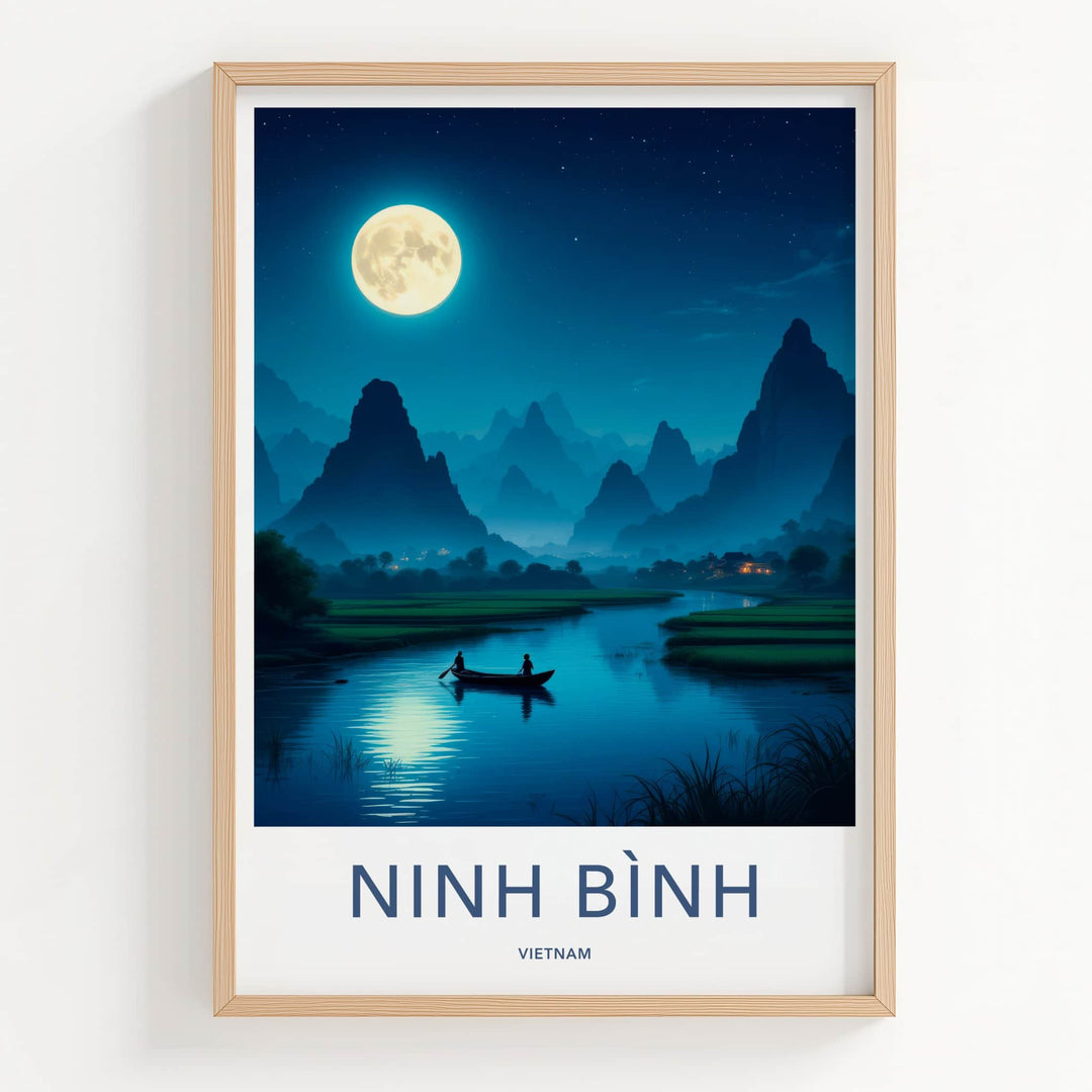Ninh Binh Poster - Vietnam Travel Art - Moonlit River Boat Home Decor