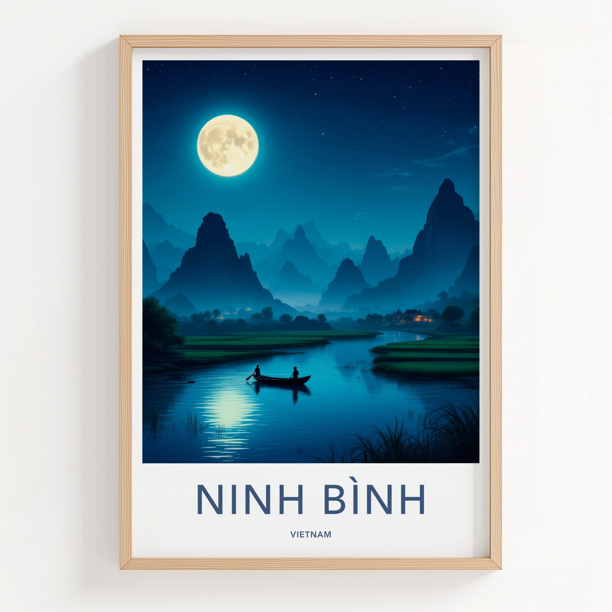 Ninh Binh Poster - Vietnam Travel Art - Moonlit River Boat Home Decor