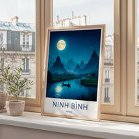 Ninh Binh Poster - Vietnam Travel Art - Moonlit River Boat Home Decor