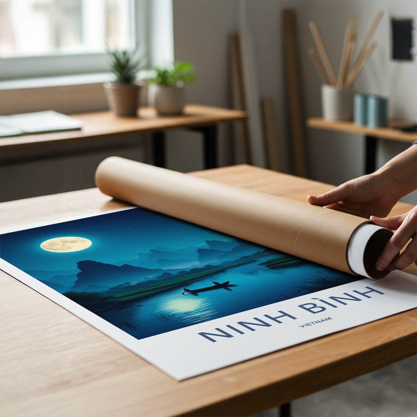 Ninh Binh Poster - Vietnam Travel Art - Moonlit River Boat Home Decor