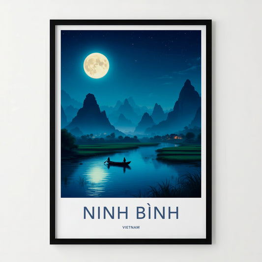 Ninh Binh Poster - Vietnam Travel Art - Moonlit River Boat Home Decor