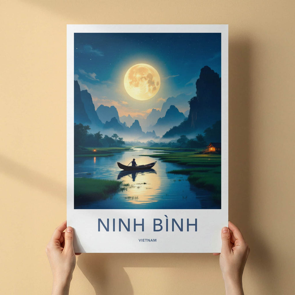 Ninh Binh Poster - Vietnam Travel Art - Moonlit River Boatman Home Decor
