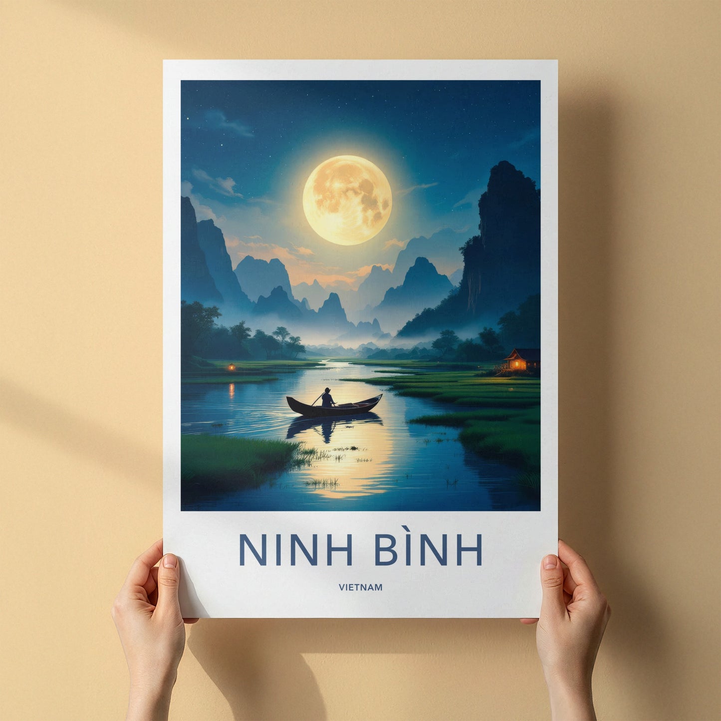 Ninh Binh Poster - Vietnam Travel Art - Moonlit River Boatman Home Decor