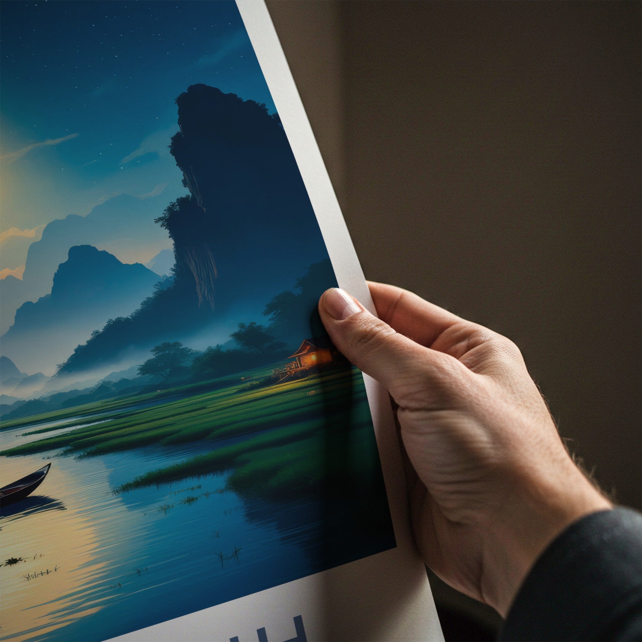 Ninh Binh Poster - Vietnam Travel Art - Moonlit River Boatman Home Decor