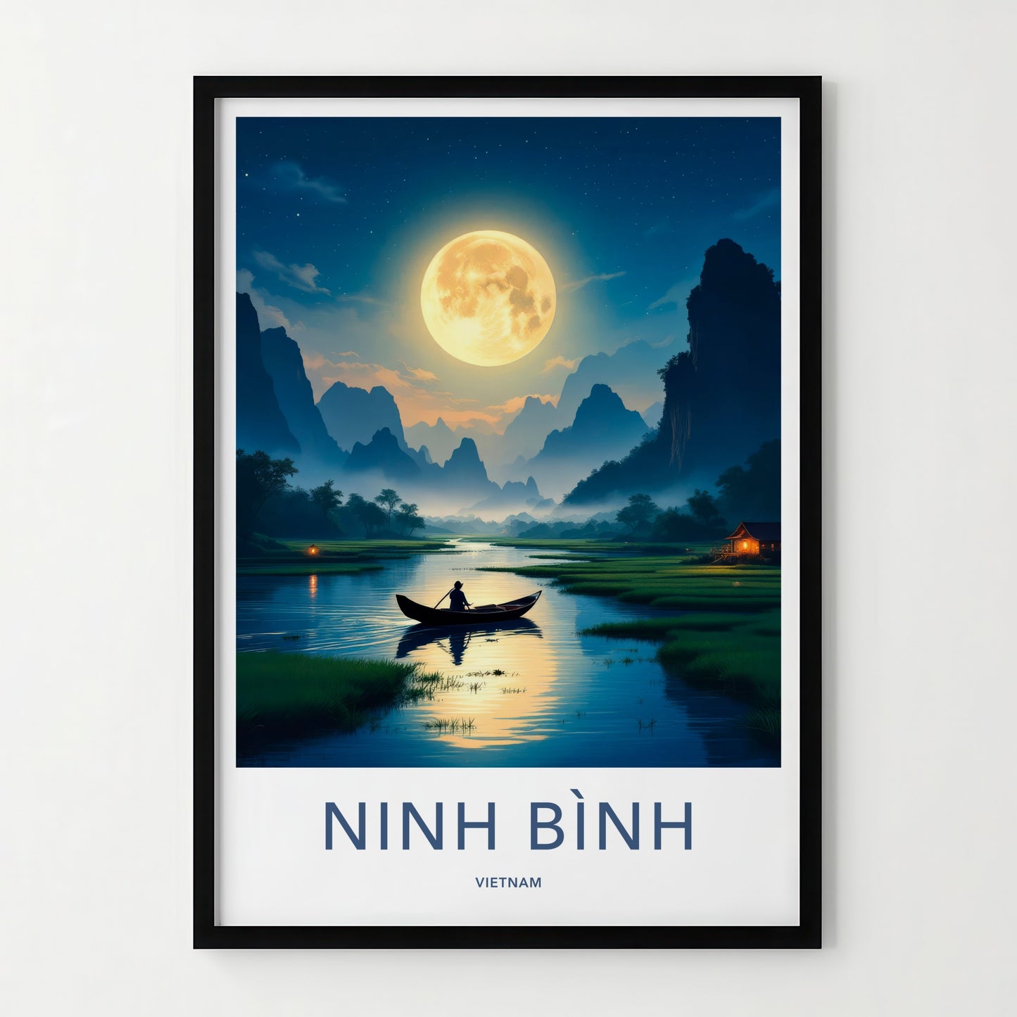 Ninh Binh Poster - Vietnam Travel Art - Moonlit River Boatman Home Decor