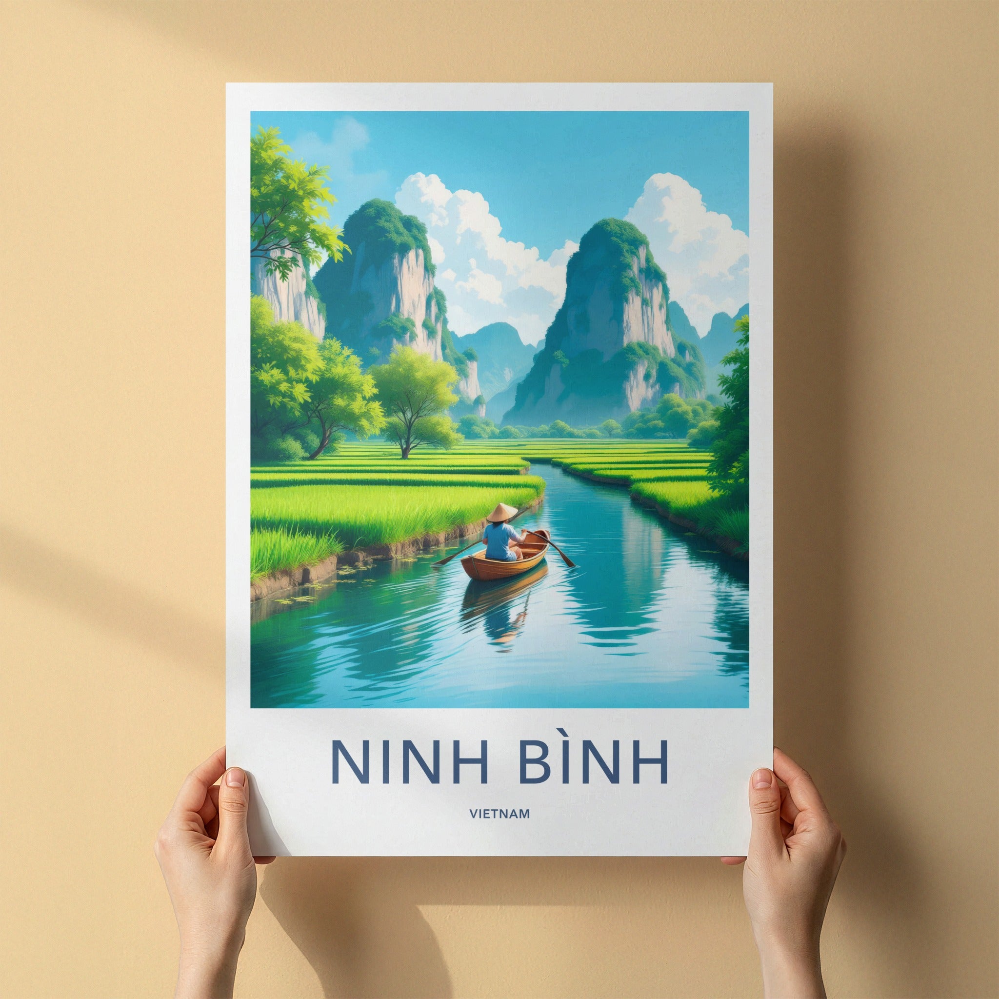 Ninh Binh Poster - Vietnam Travel Art - Paddles River Mountains Home Decor