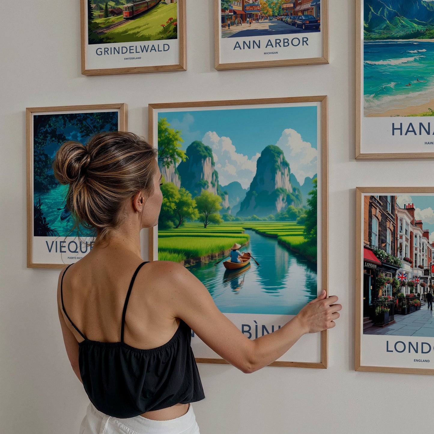 Ninh Binh Poster - Vietnam Travel Art - Paddles River Mountains Home Decor