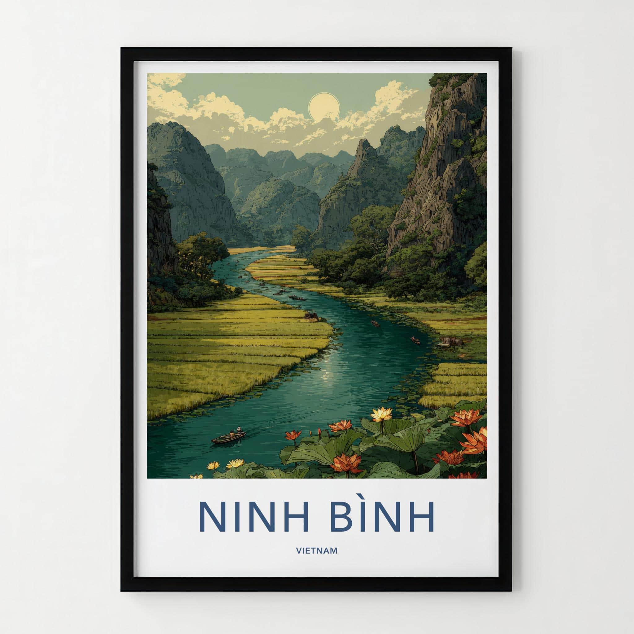 Ninh Binh Poster - Vietnam Travel Art - River Boats Lotuses Home Decor