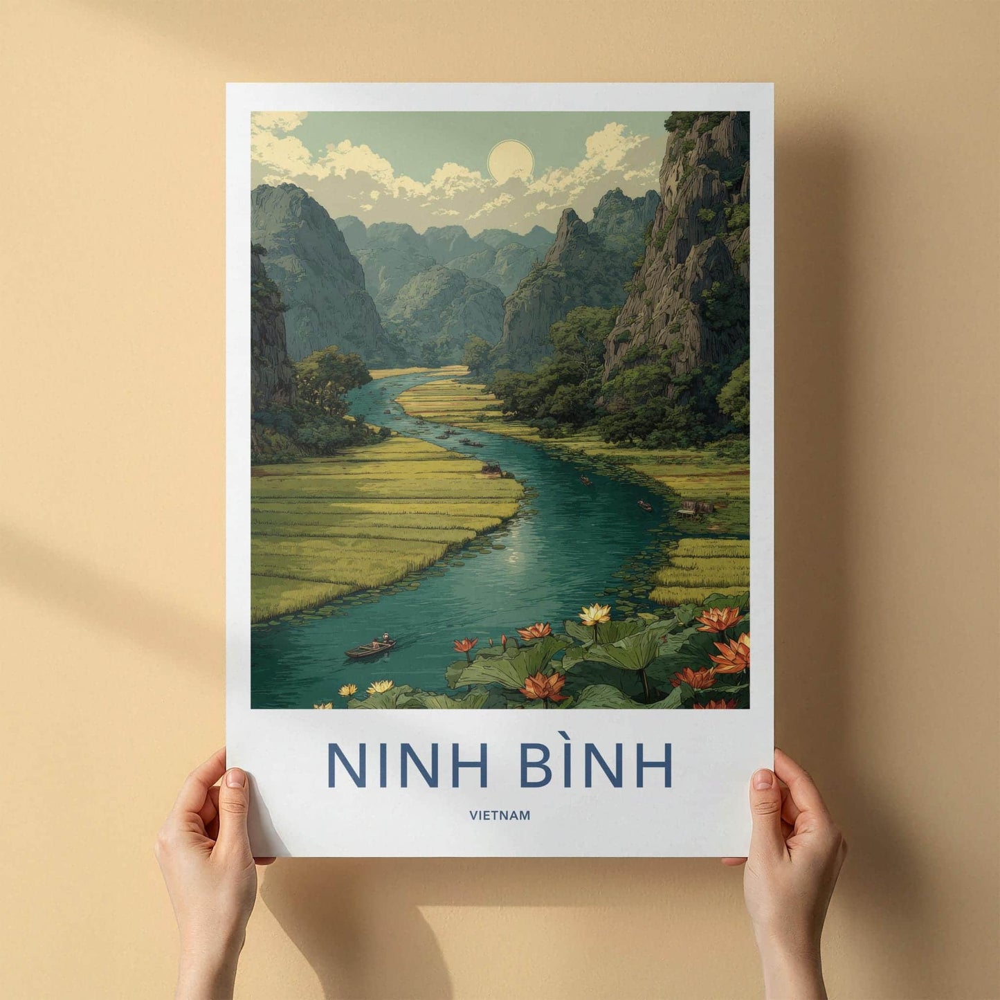 Ninh Binh Poster - Vietnam Travel Art - River Boats Lotuses Home Decor