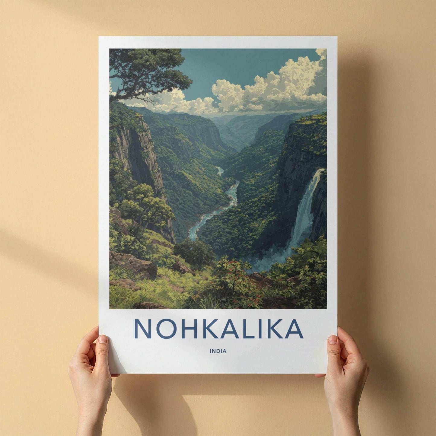 Nohkalika Poster - India Travel Art - Meghalaya Lush Green Valley Home Decor
