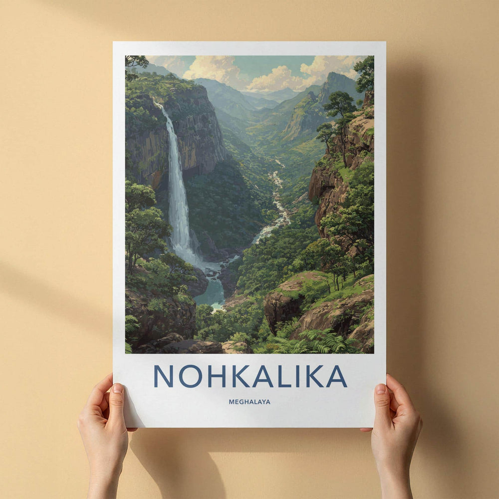 Nohkalika Poster - India Travel Art - Meghalaya Lush Valley Waterfall Home Decor