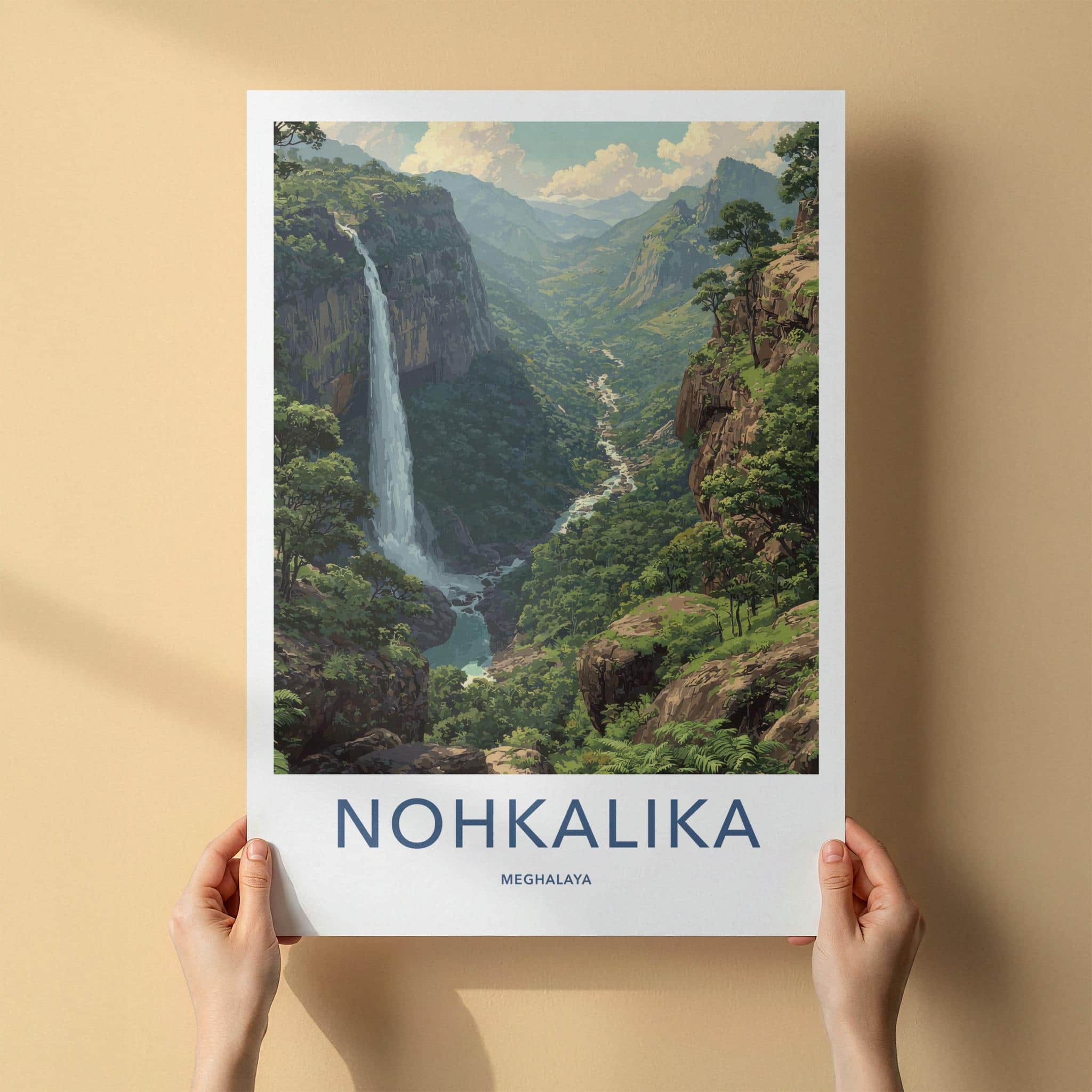 Nohkalika Poster - India Travel Art - Meghalaya Lush Valley Waterfall Home Decor