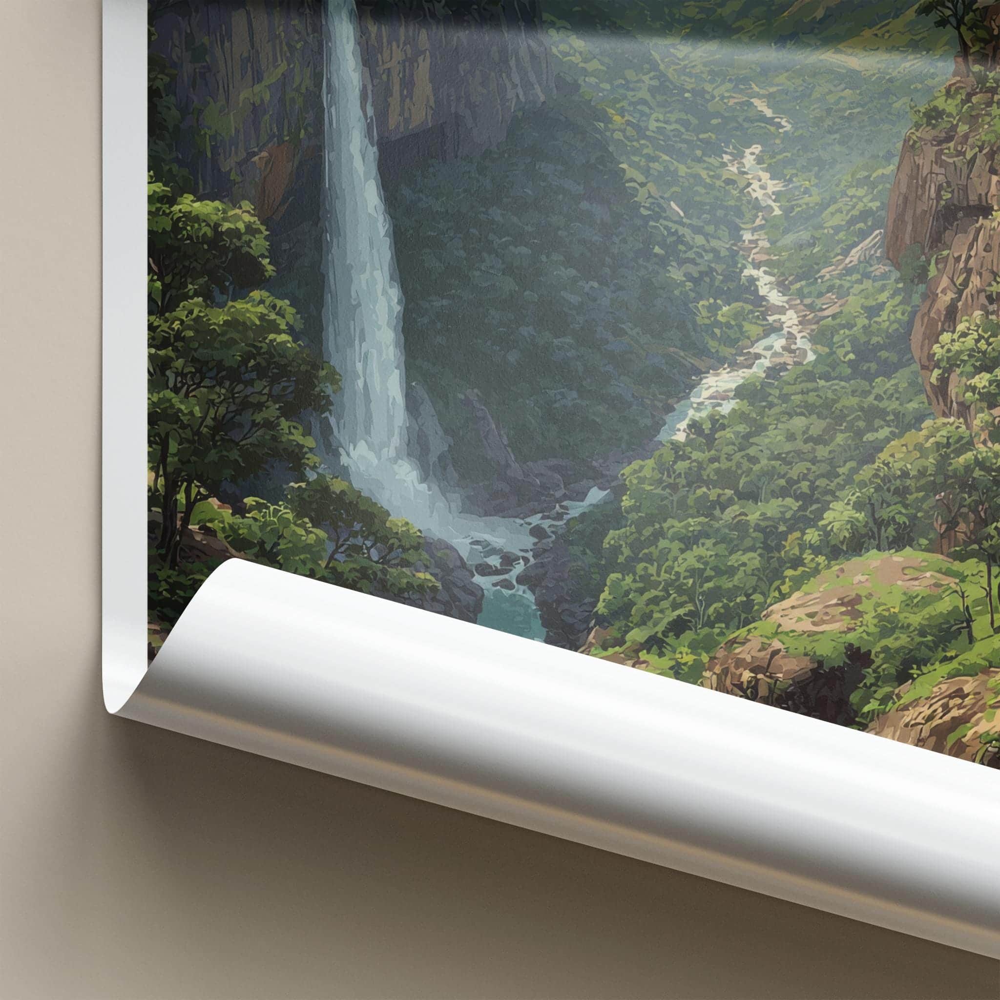 Nohkalika Poster - India Travel Art - Meghalaya Lush Valley Waterfall Home Decor