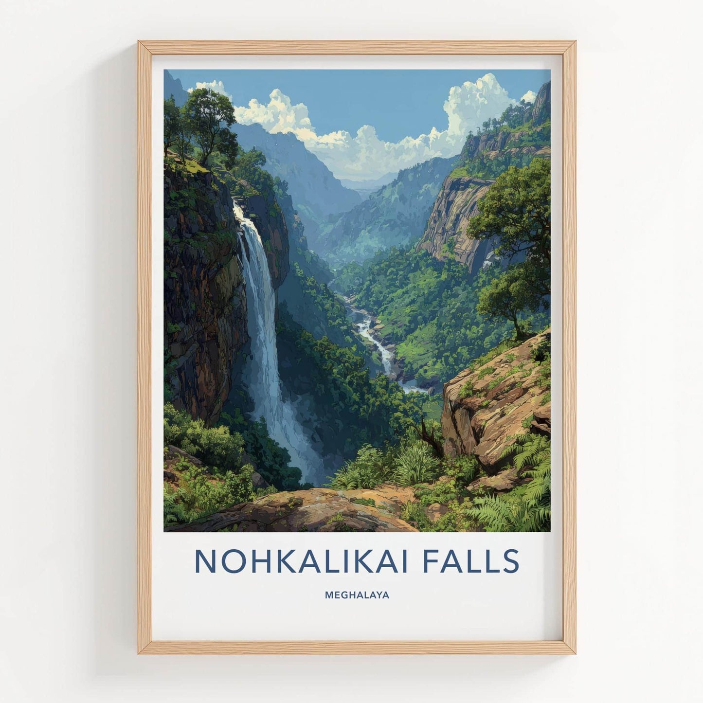 Nohkalikai Falls Poster - India Travel Art - Meghalaya Cascading Water Cliff Home Decor