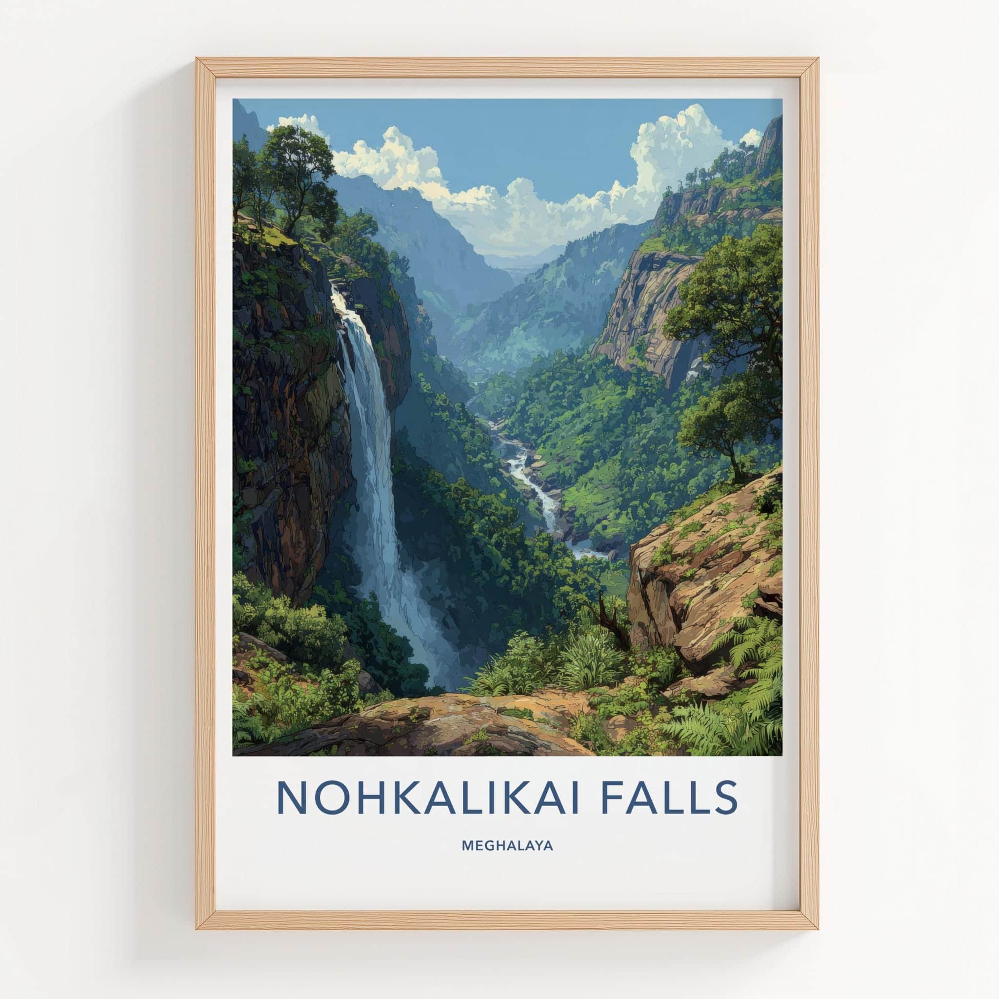 Nohkalikai Falls Poster - India Travel Art - Meghalaya Cascading Water Cliff Home Decor