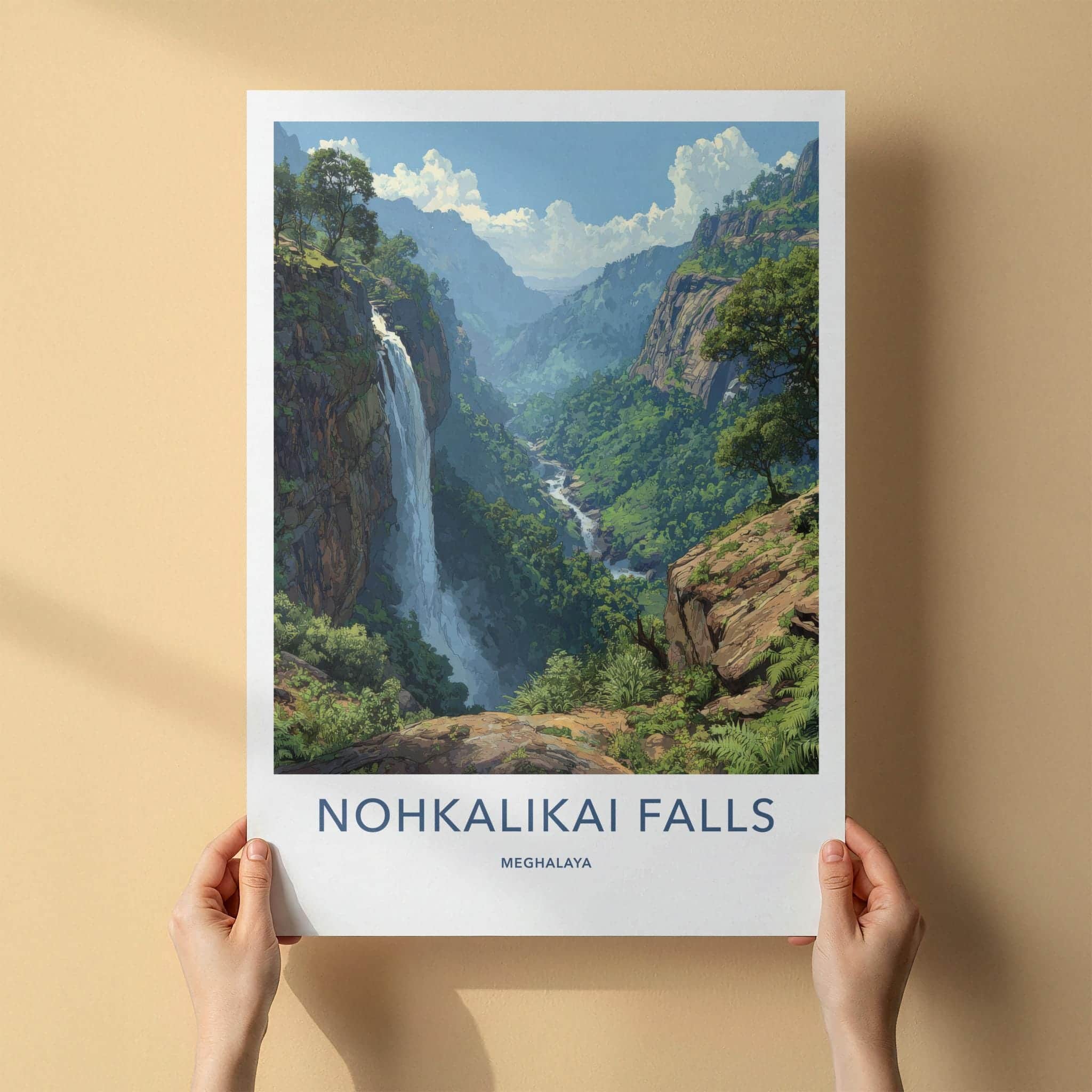 Nohkalikai Falls Poster - India Travel Art - Meghalaya Cascading Water Cliff Home Decor