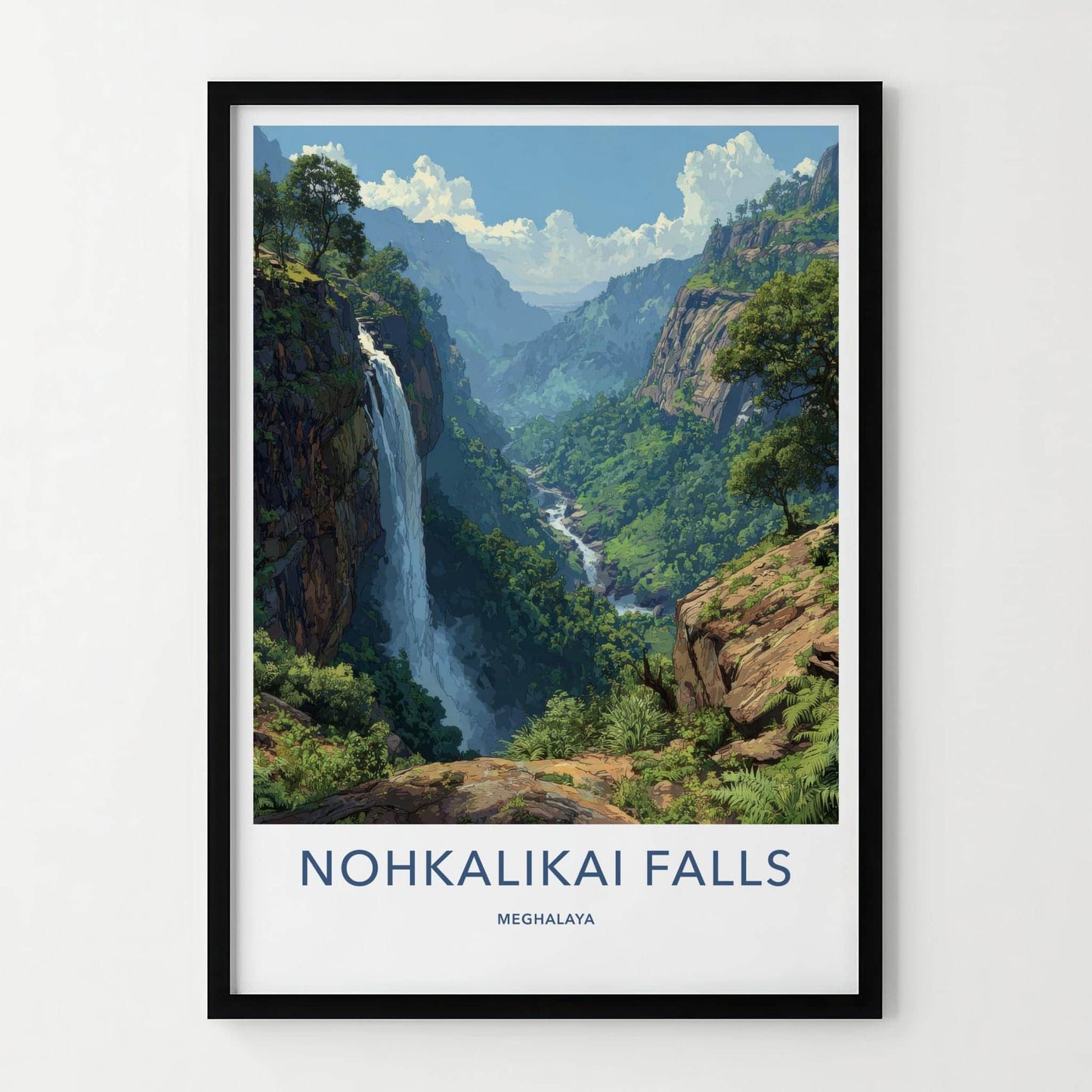 Nohkalikai Falls Poster - India Travel Art - Meghalaya Cascading Water Cliff Home Decor