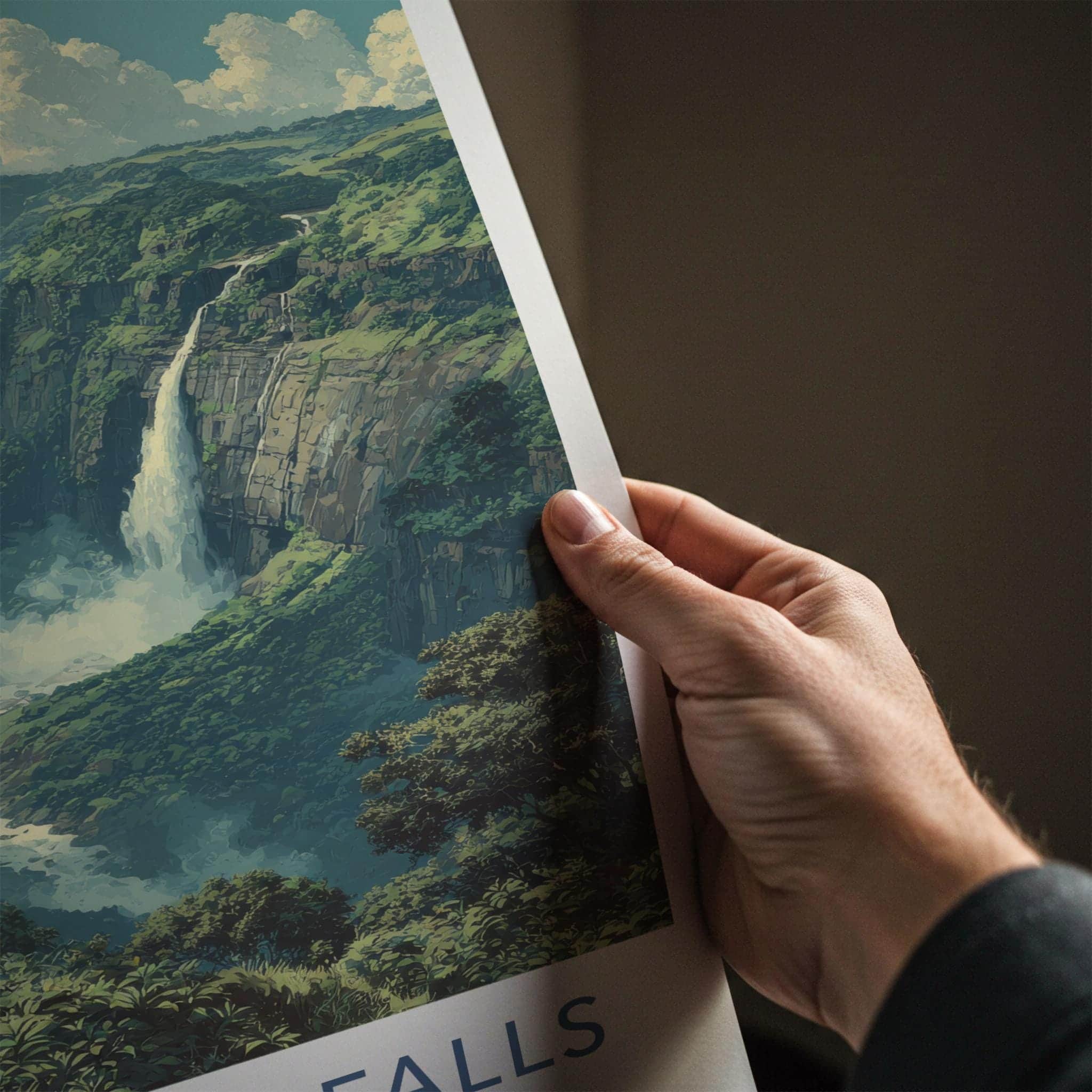 Nohkalikai Falls Poster - India Travel Art - Meghalaya Misty Waterfall Home Decor