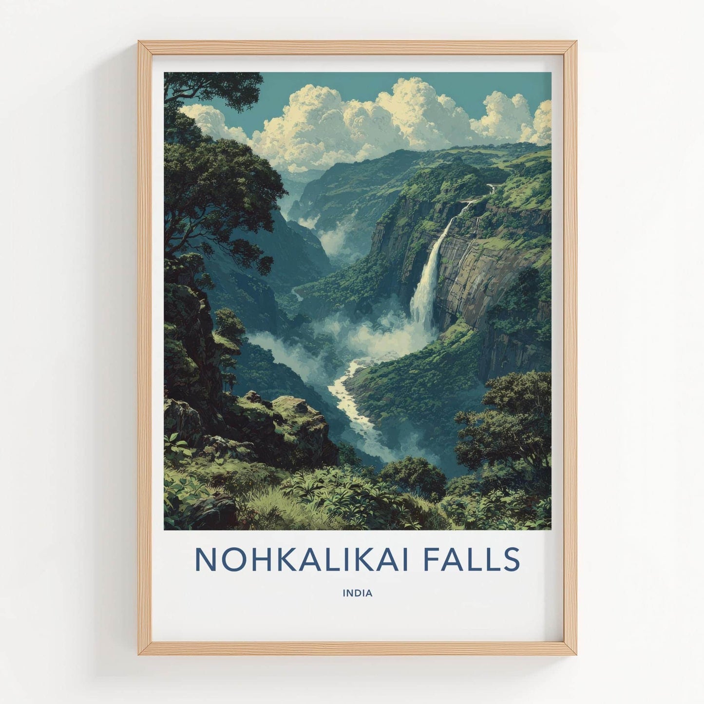 Nohkalikai Falls Poster - India Travel Art - Meghalaya Misty Waterfall Home Decor