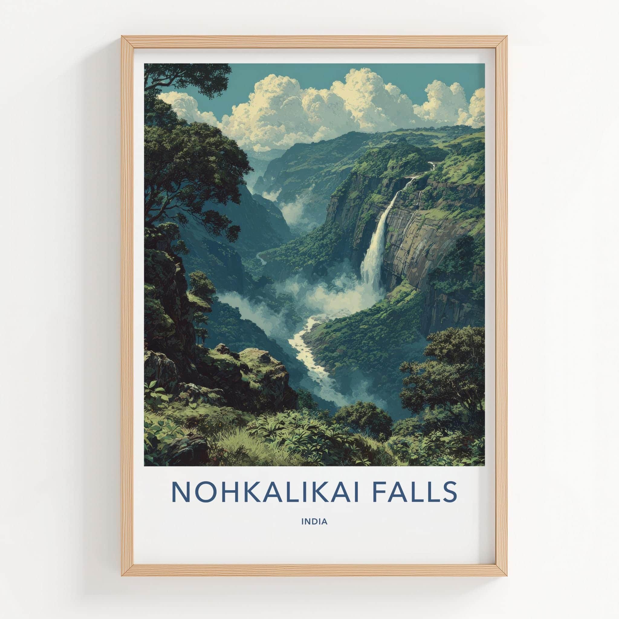 Nohkalikai Falls Poster - India Travel Art - Meghalaya Misty Waterfall Home Decor