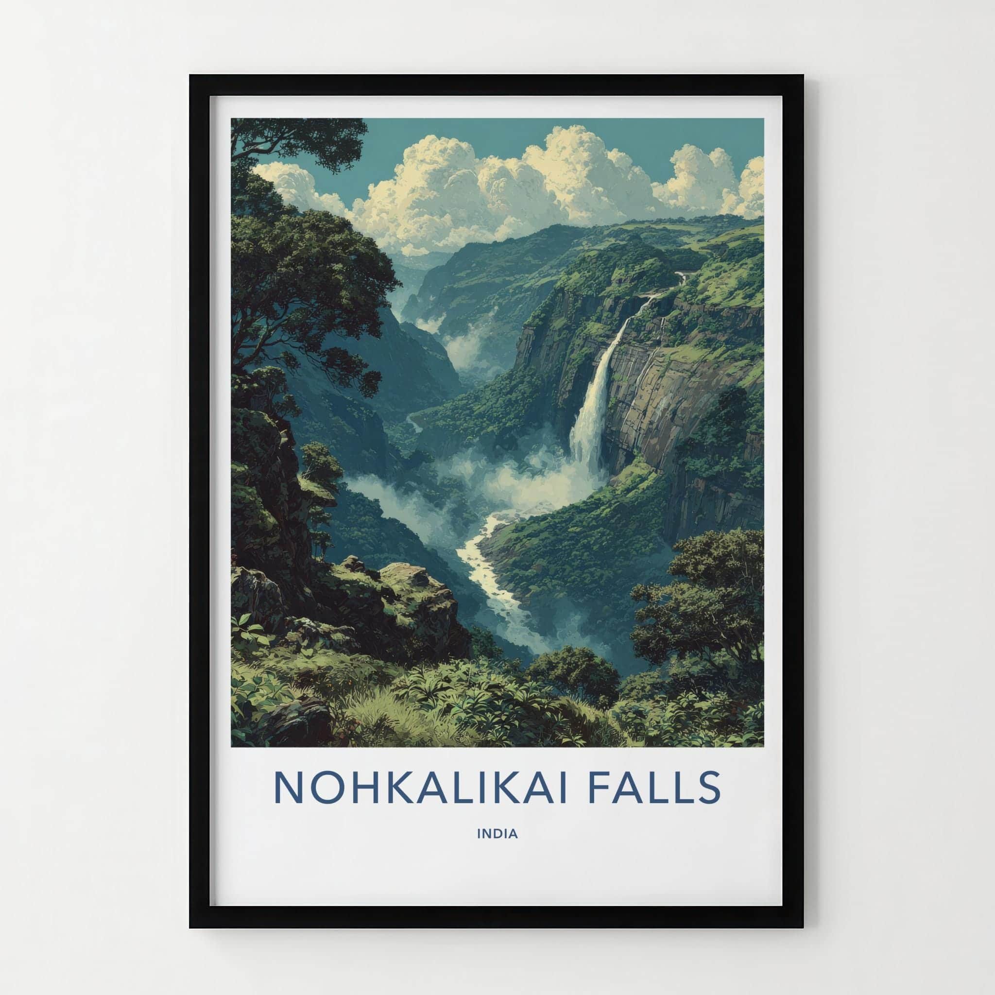 Nohkalikai Falls Poster - India Travel Art - Meghalaya Misty Waterfall Home Decor