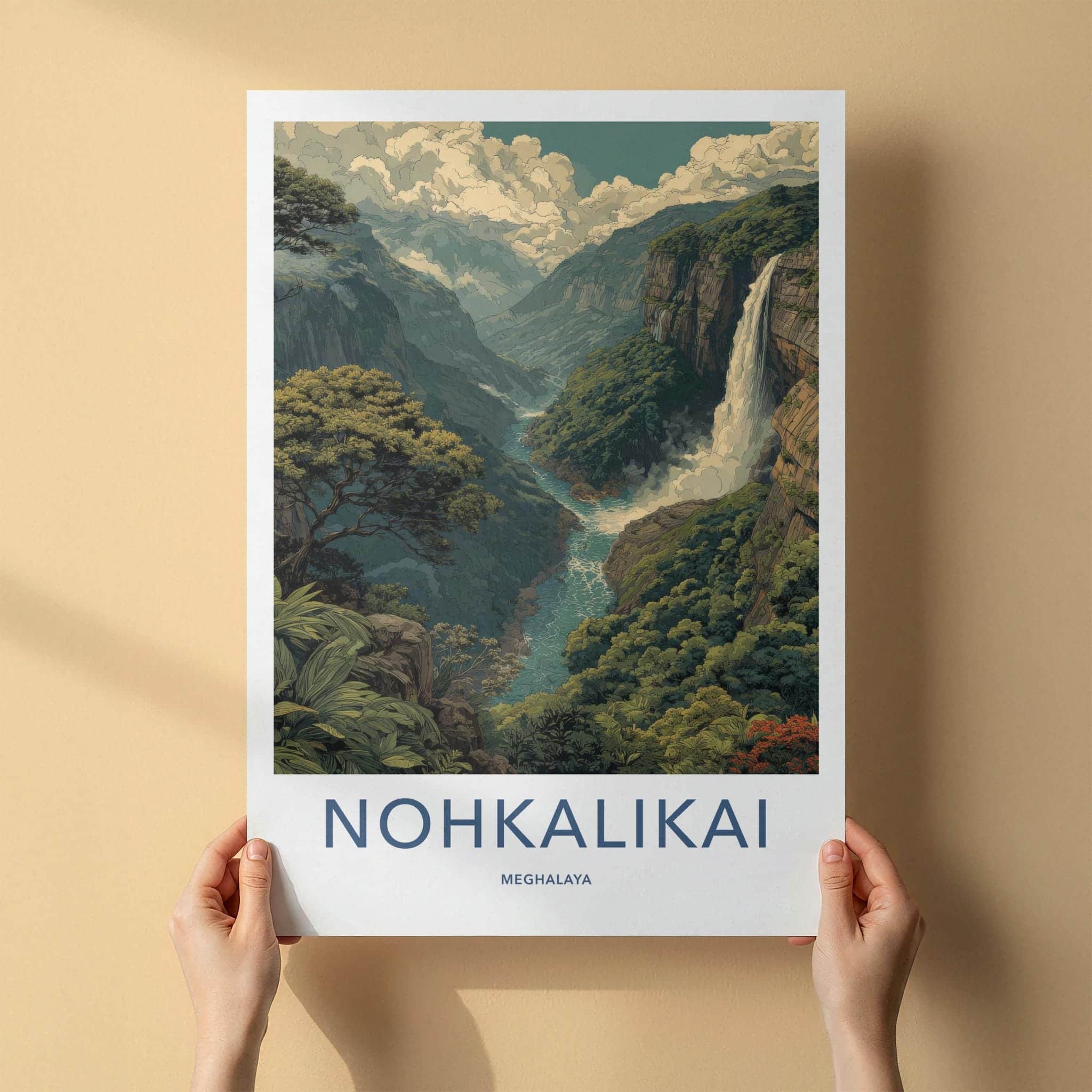 Nohkalikai Poster - India Travel Art - Meghalaya Valley Waterfall Home Decor
