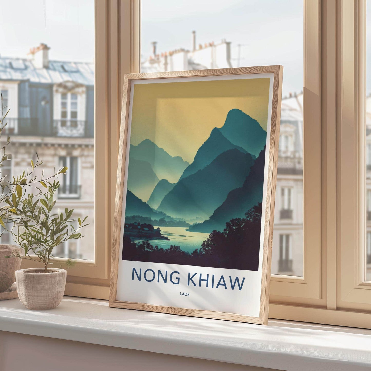 Nong Khiaw Poster - Laos Travel Art - Layered Mountain River Home Decor