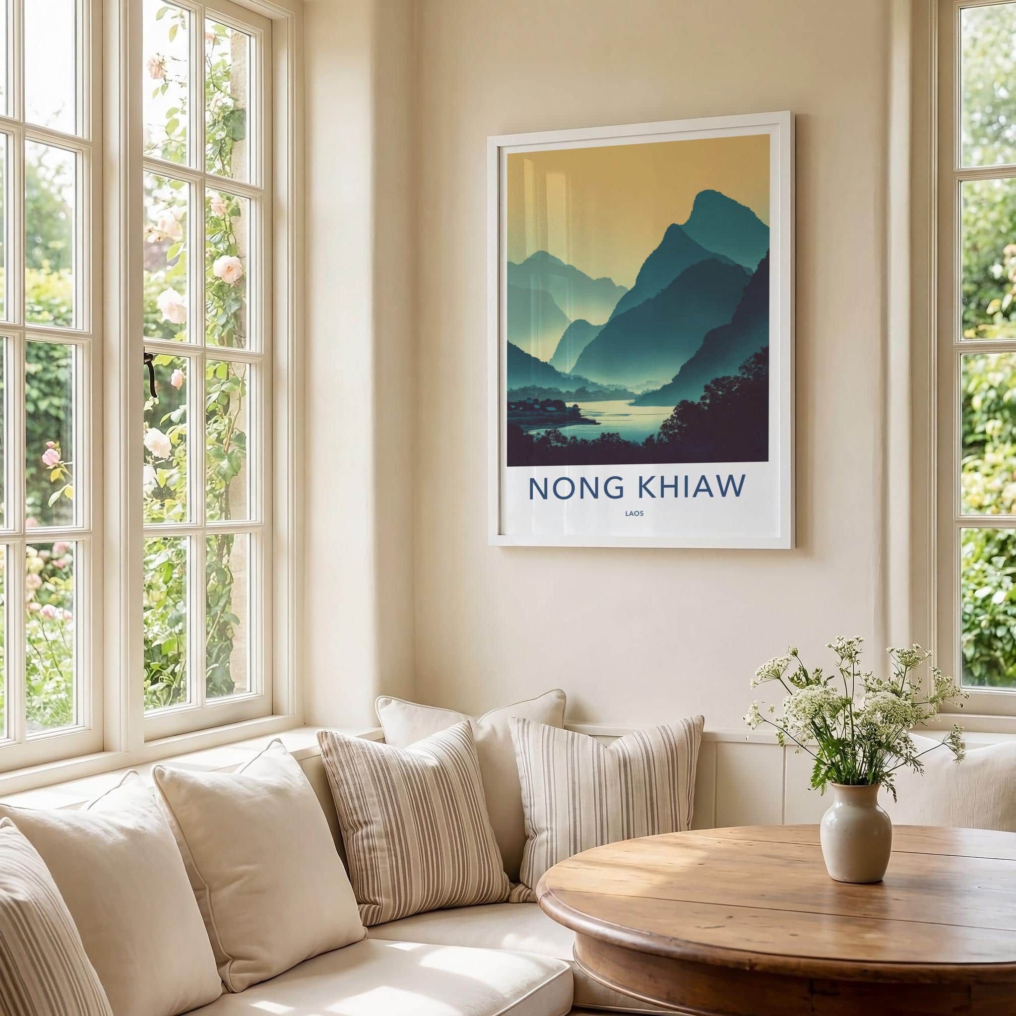 Nong Khiaw Poster - Laos Travel Art - Layered Mountain River Home Decor