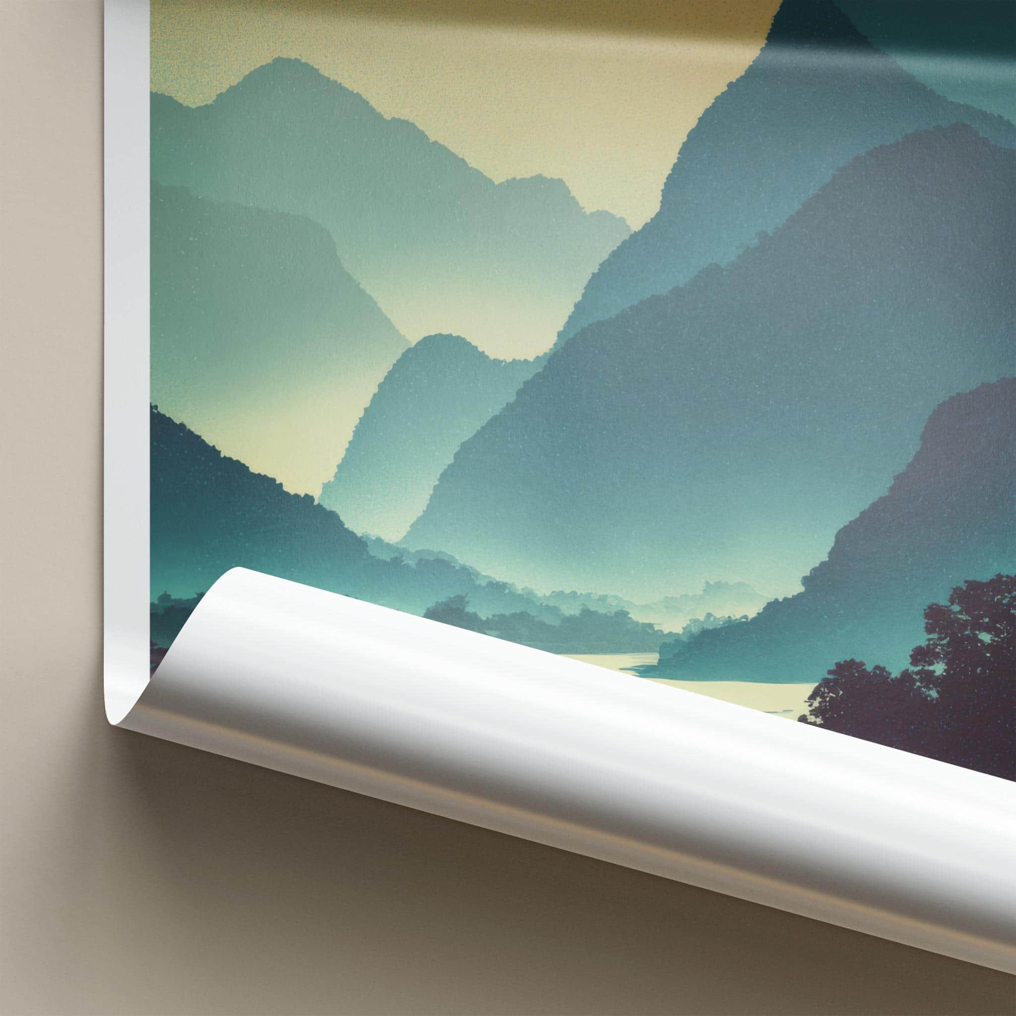 Nong Khiaw Poster - Laos Travel Art - Layered Mountain River Home Decor