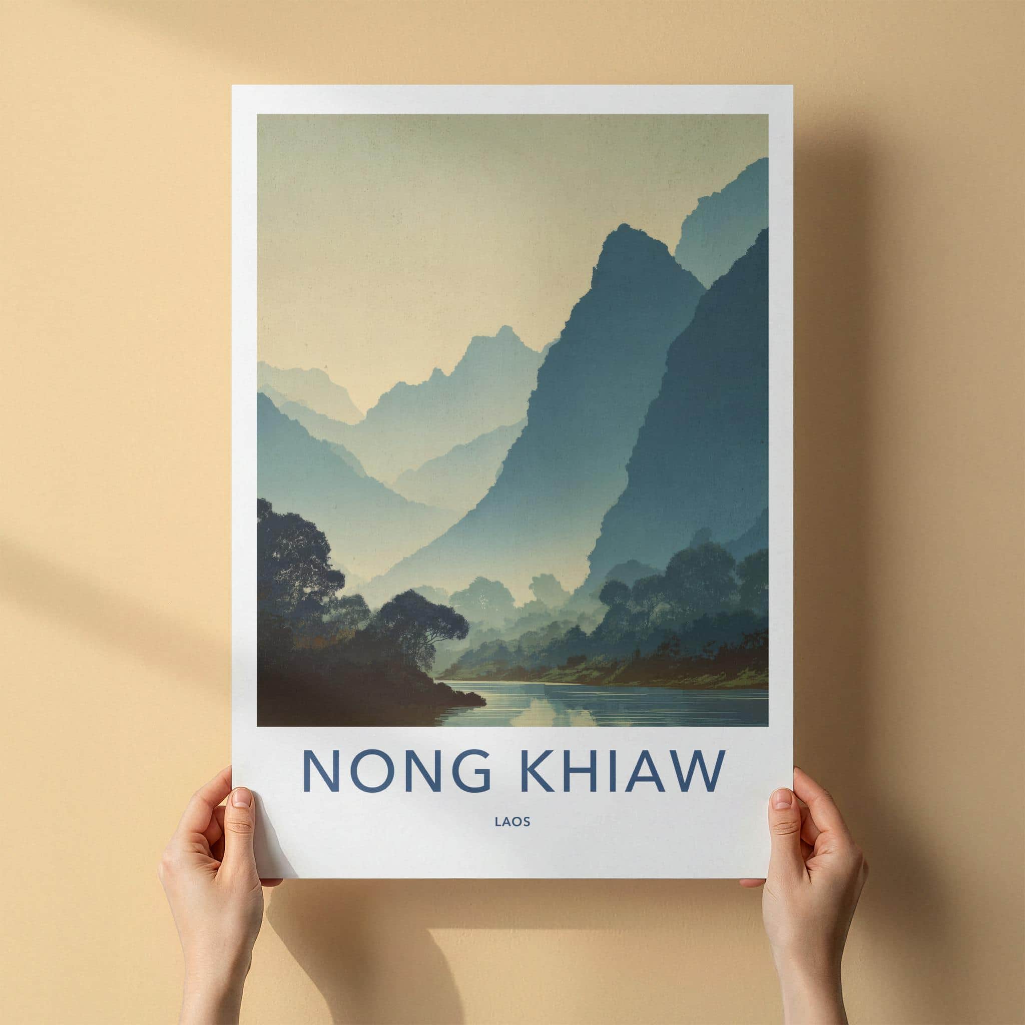 Nong Khiaw Poster - Laos Travel Art - Misty River Mountains Home Decor