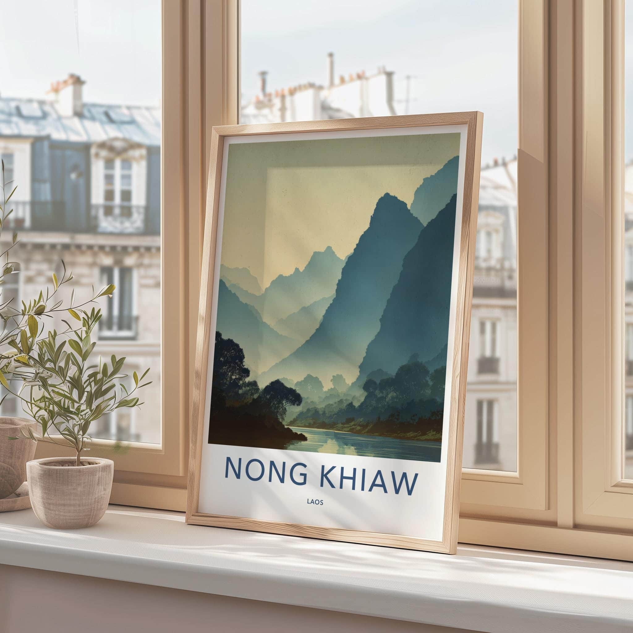 Nong Khiaw Poster - Laos Travel Art - Misty River Mountains Home Decor