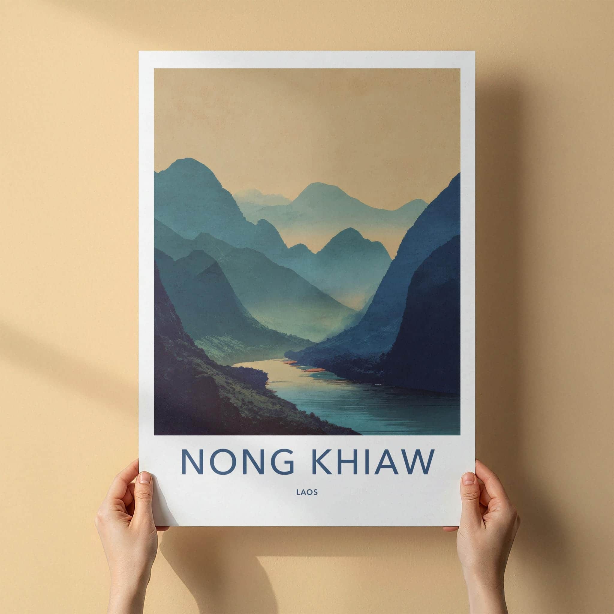 Nong Khiaw Poster - Laos Travel Art - Misty River Valley Home Decor